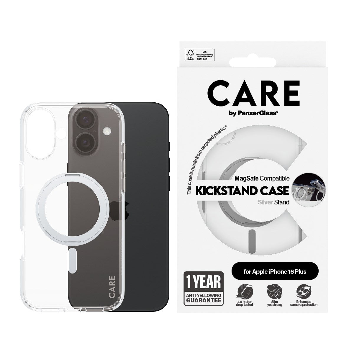 CARE by PanzerGlass® Case Transparent w. Silver Kickstand & MagSafe iPhone 16 Plus